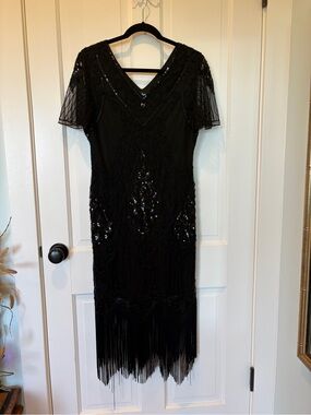 Pretty Guide Black Beaded Fringe V-Neck Flapper Style Dress